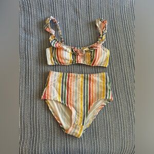 Jcrew candy color stripe high waist ruffle bikini